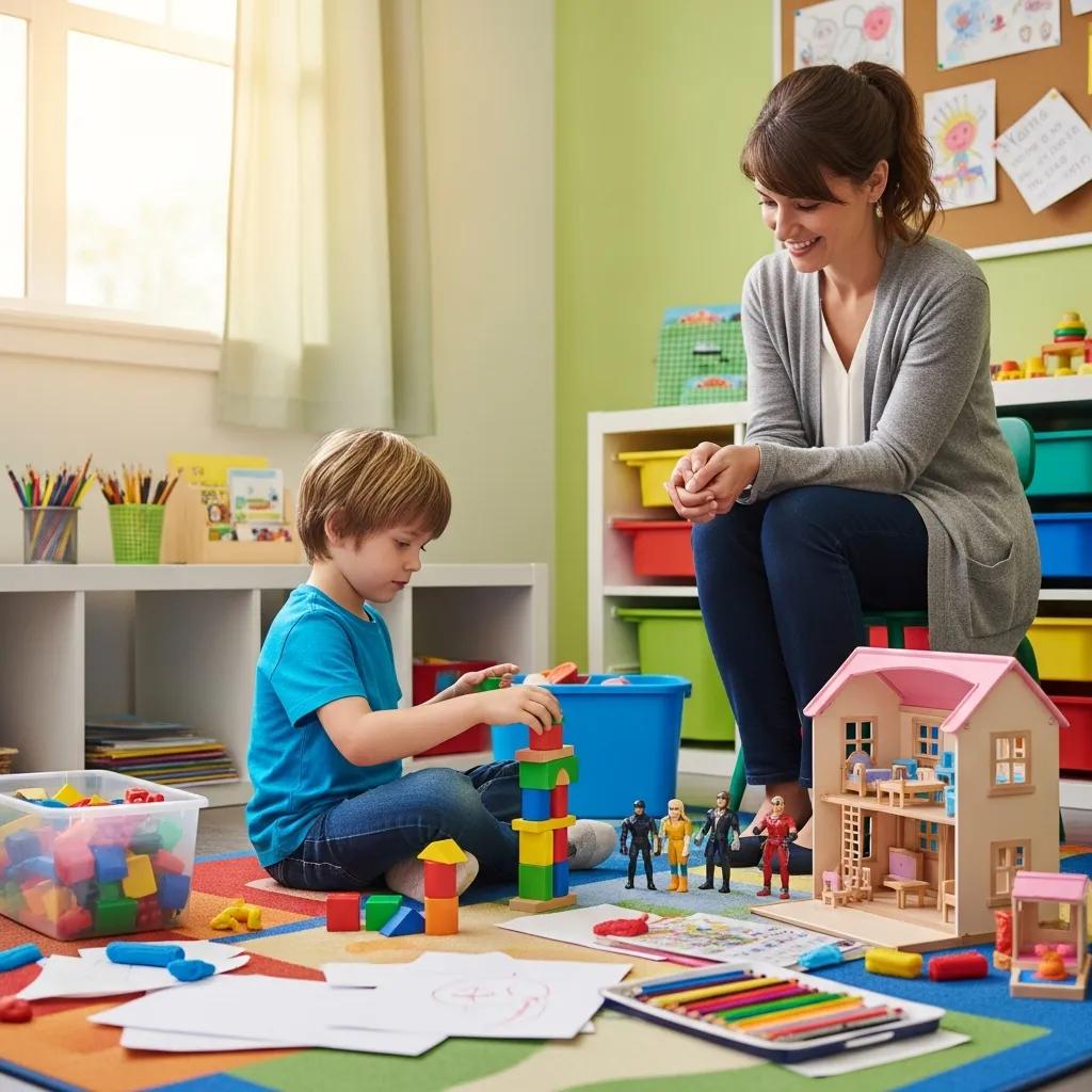 Child engaged in play therapy, illustrating the benefits of childhood trauma therapy in a supportive environment