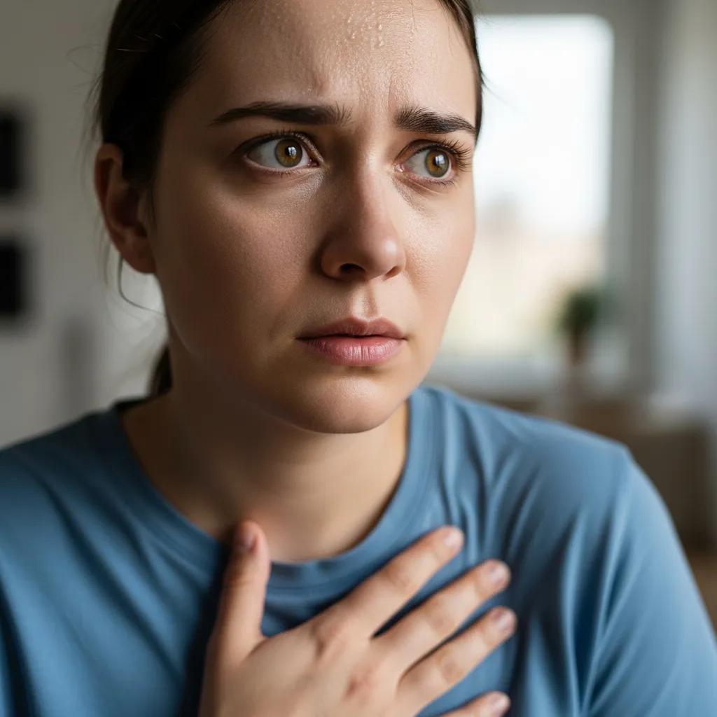 Close-up of a person showing physical symptoms of anxiety, such as a worried expression