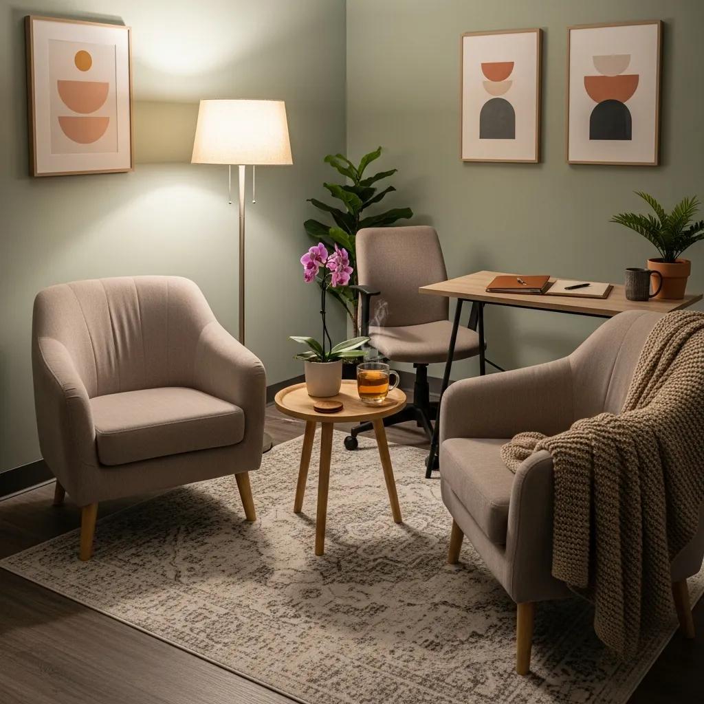 Cozy therapy room designed for stress counseling, highlighting the benefits of professional support