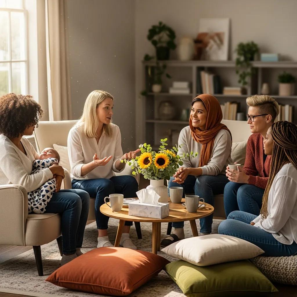 Diverse group of new mothers in a supportive circle, representing community resources for postpartum depression