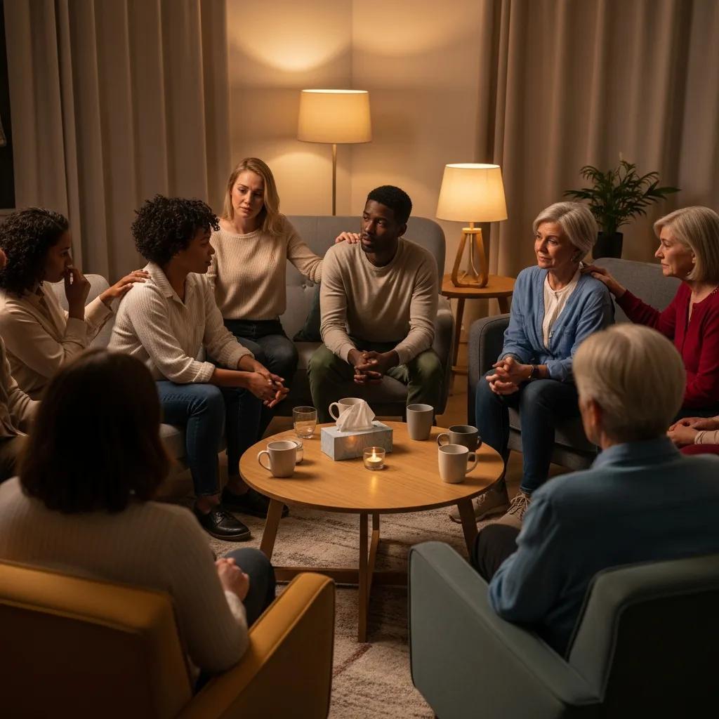 Group of individuals sharing their grief experiences in a supportive environment, highlighting the stages of grief
