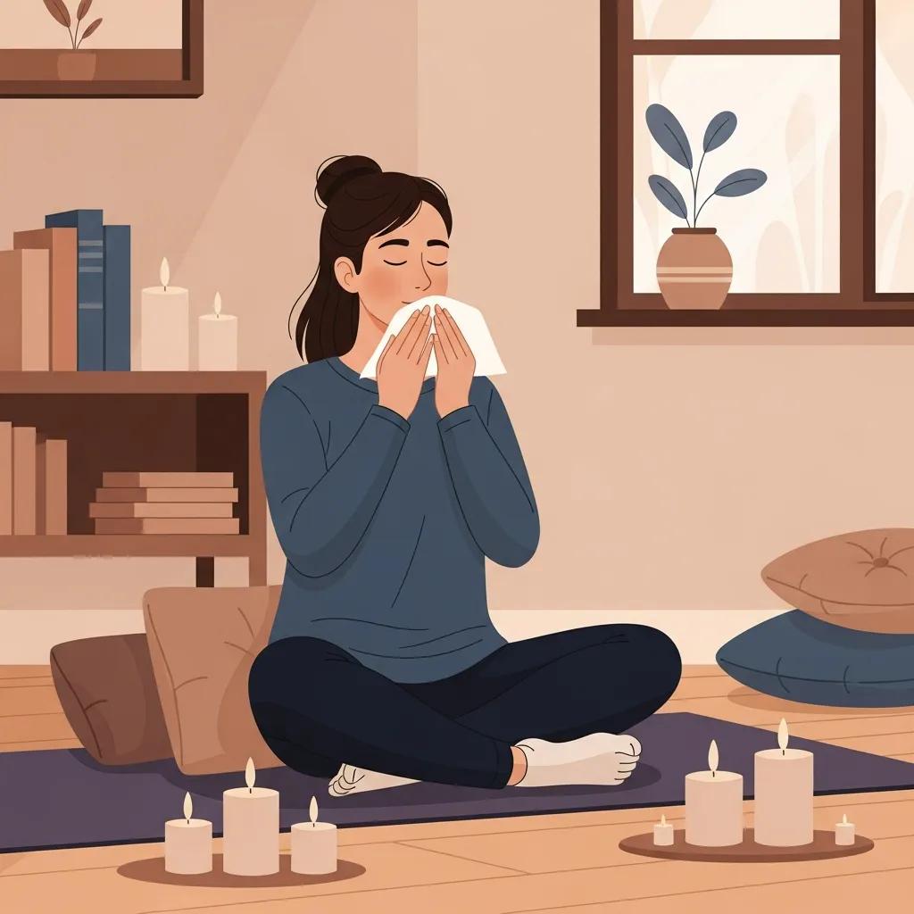 Individual practicing deep breathing exercises in a cozy indoor space, illustrating relaxation methods for stress relief