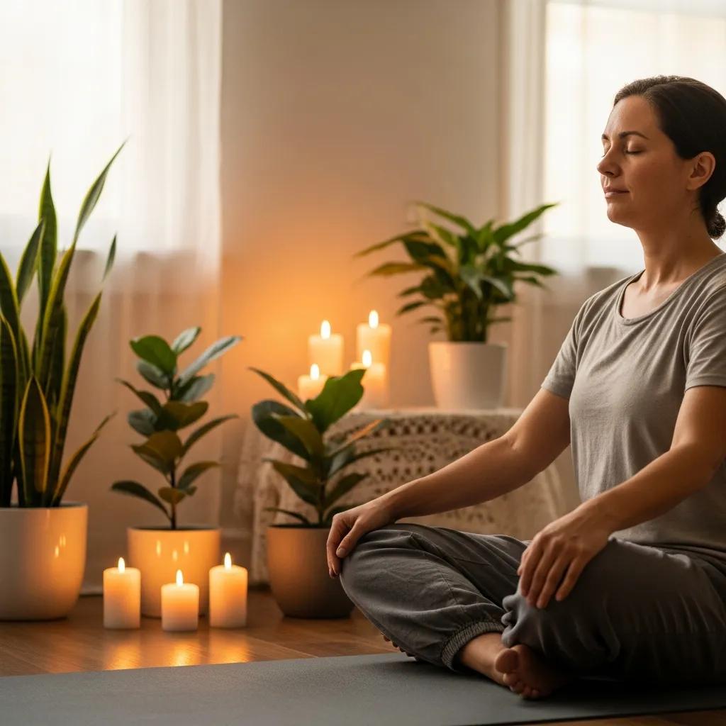 Person practicing deep breathing exercises indoors, highlighting mindfulness and relaxation techniques for anger reduction