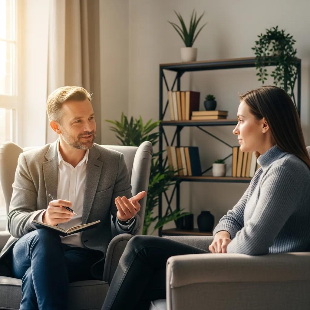 Therapist and client in a cognitive behavioral therapy session, emphasizing the therapeutic process for social anxiety