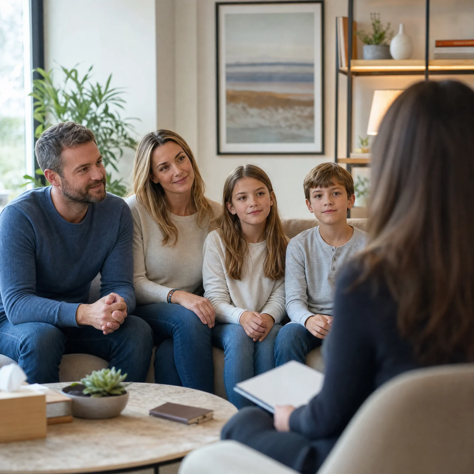 A family together in a warm counseling session with their therapist