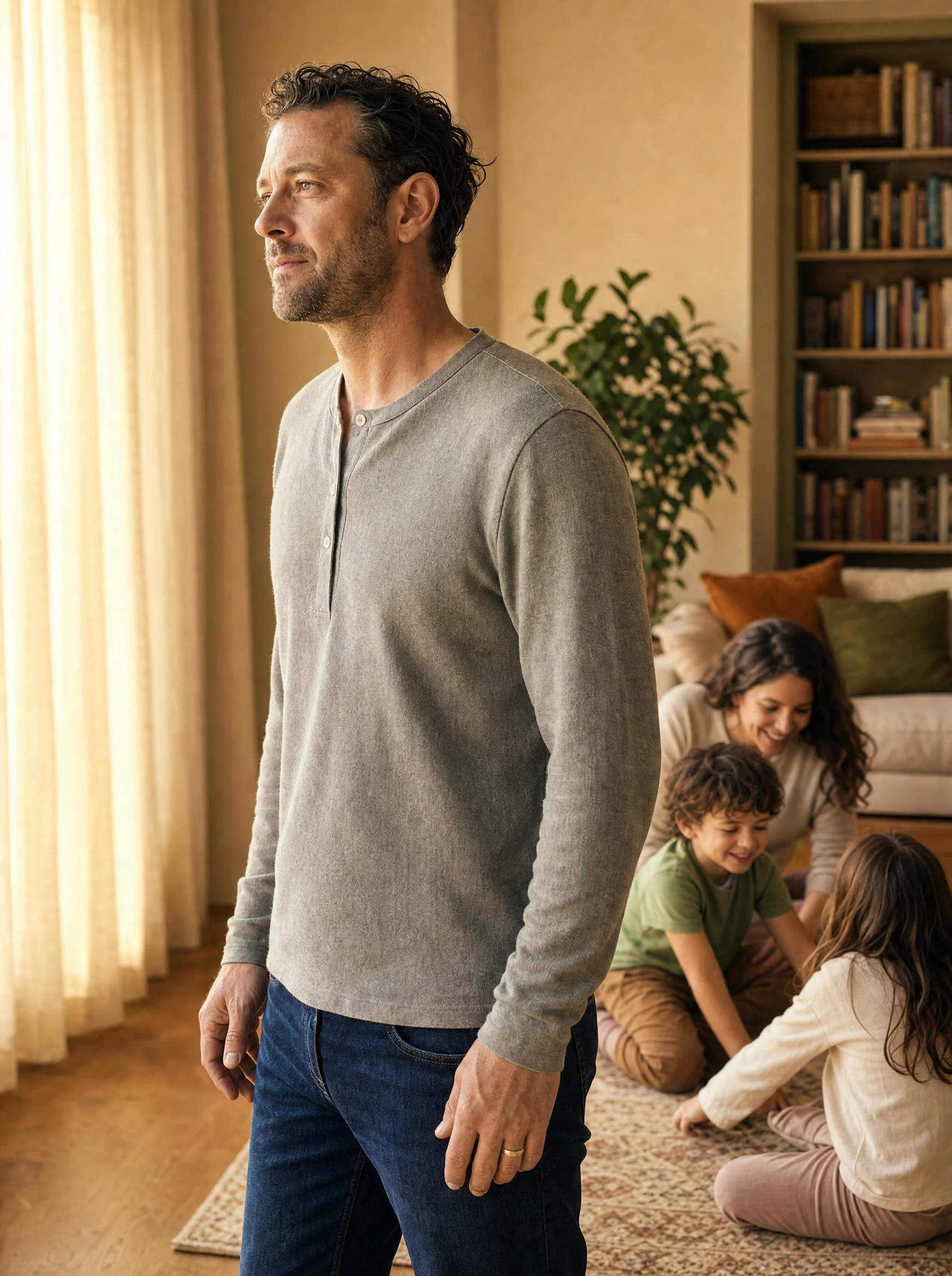 A father pauses at the window in quiet reflection while his wife and children play together in their Humble, TX home, representing the support even the person who holds everyone together deserves.