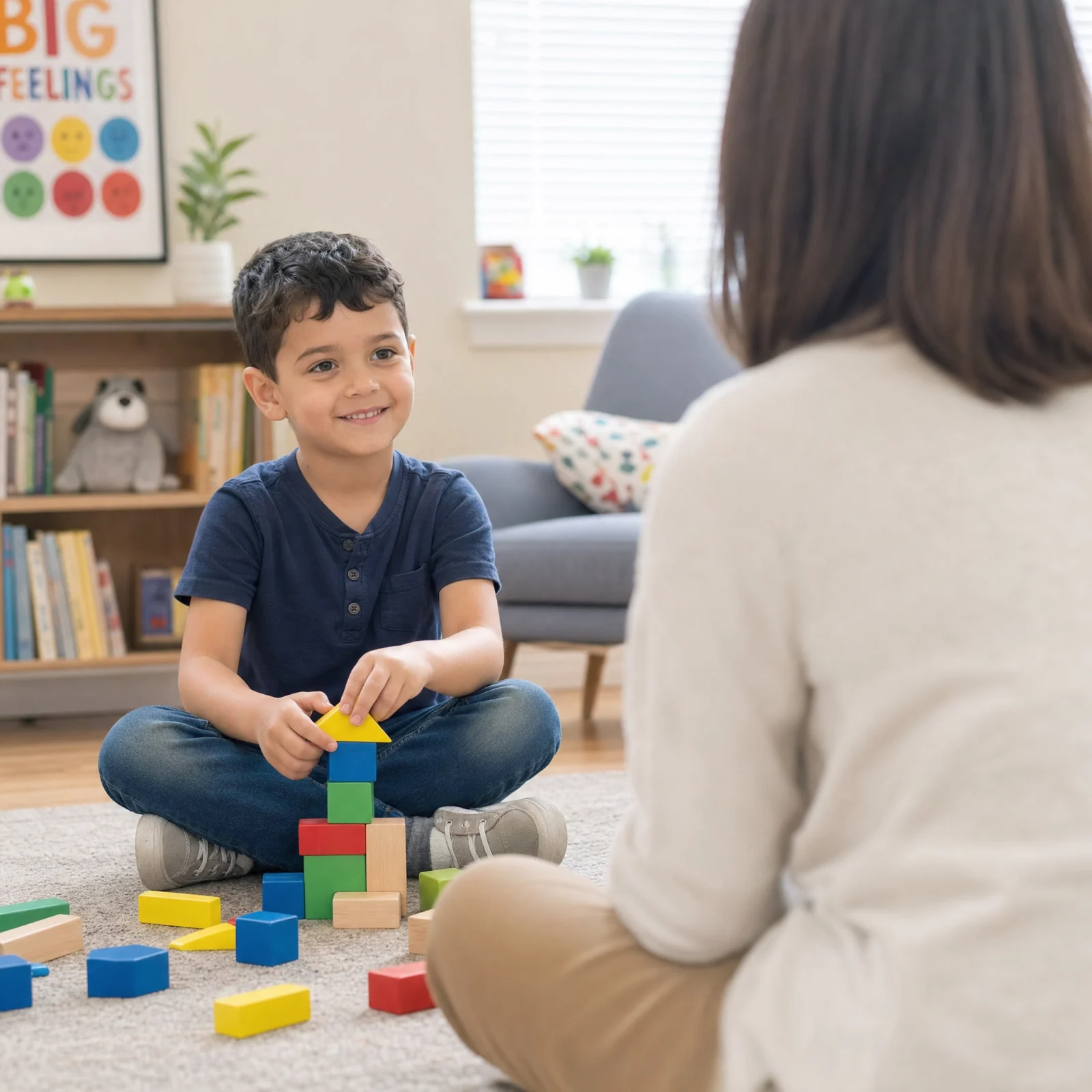 A child playing with colorful building blocks in a play therapy room