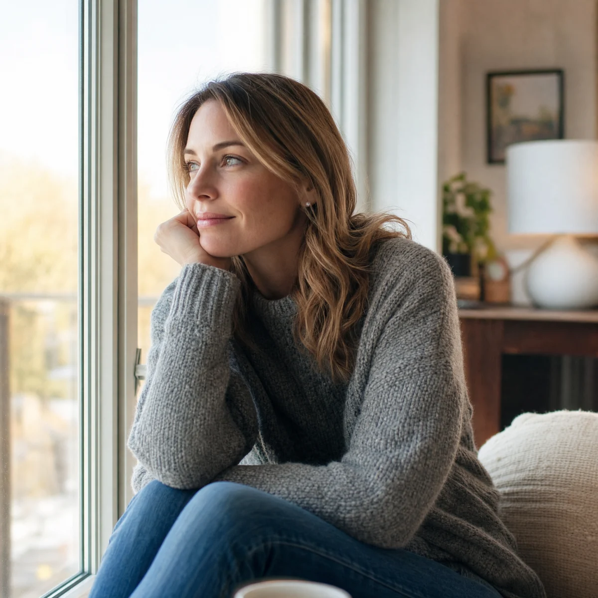 A woman in her 40s seated in a cozy chair by a warm window, reflecting quietly in soft golden light