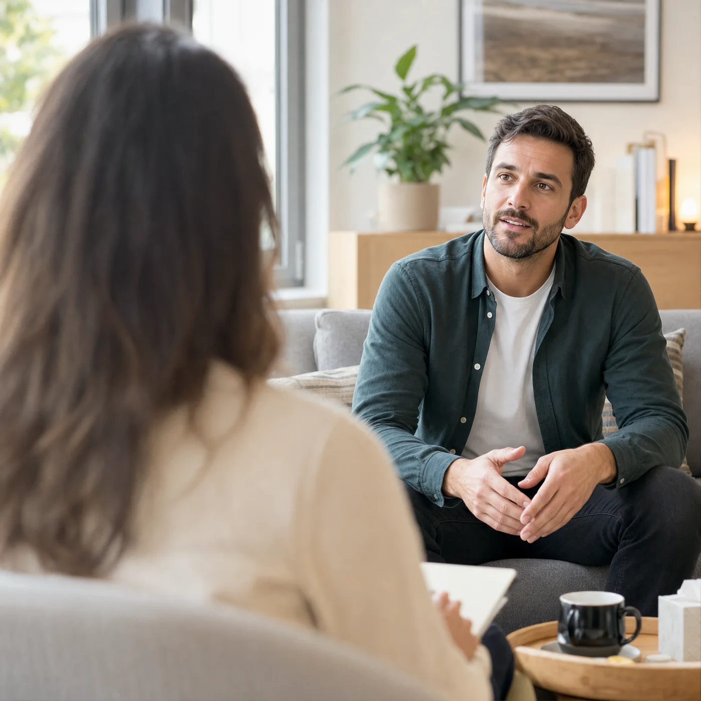 A man sitting in a warm therapy session, composed and engaged, talking openly with his therapist