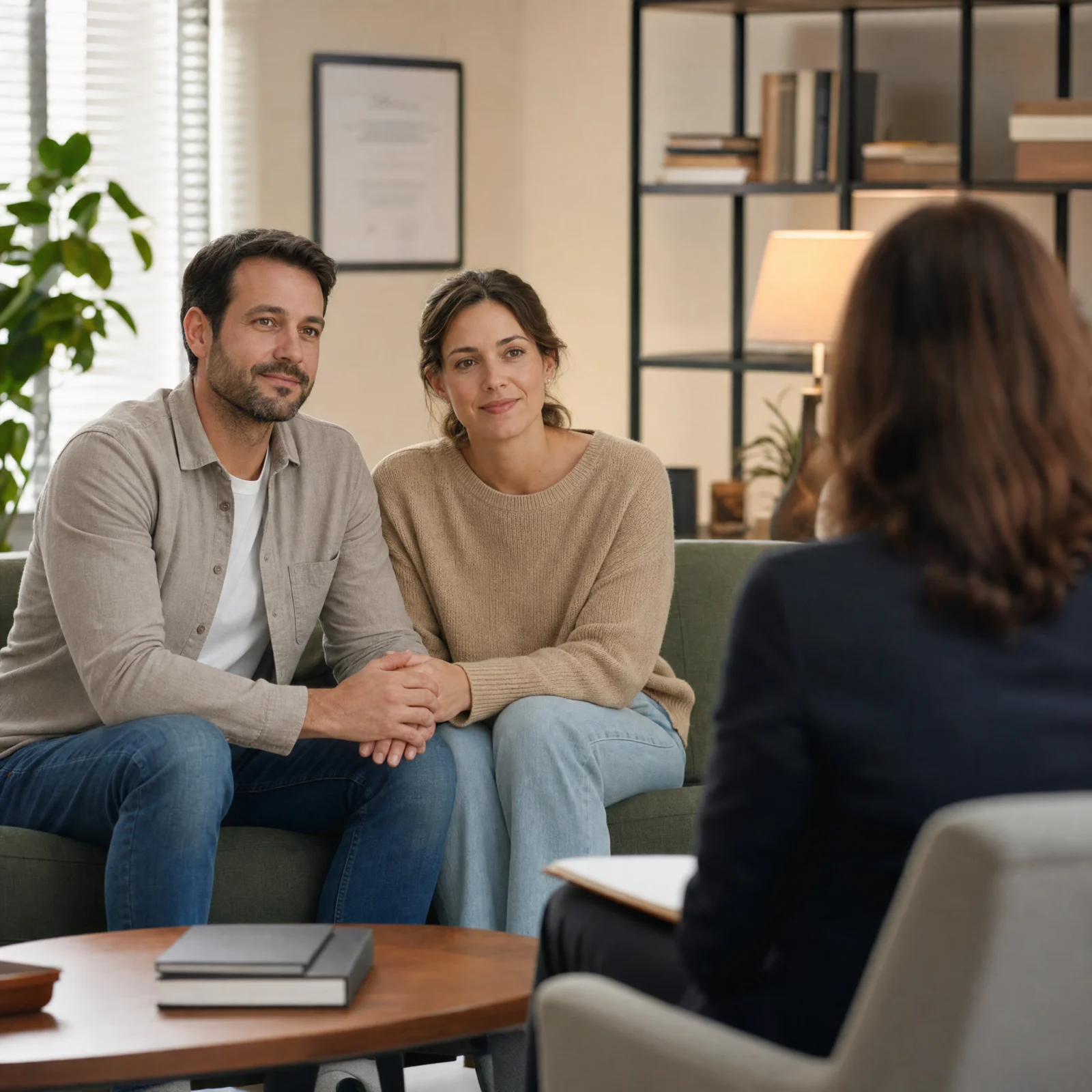 A couple seated side by side in a counseling session, open and relaxed
