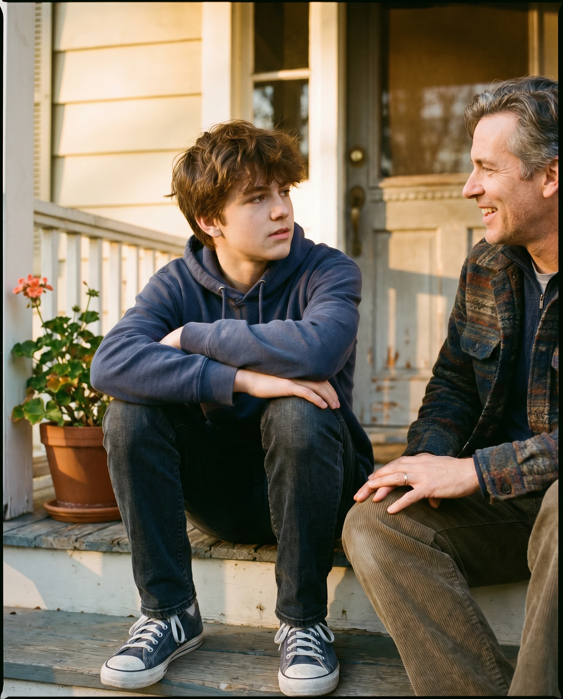 A teen and parent in real conversation on their porch, representing the free parent consultation that starts the teen counseling process at The Shift near Humble, TX.